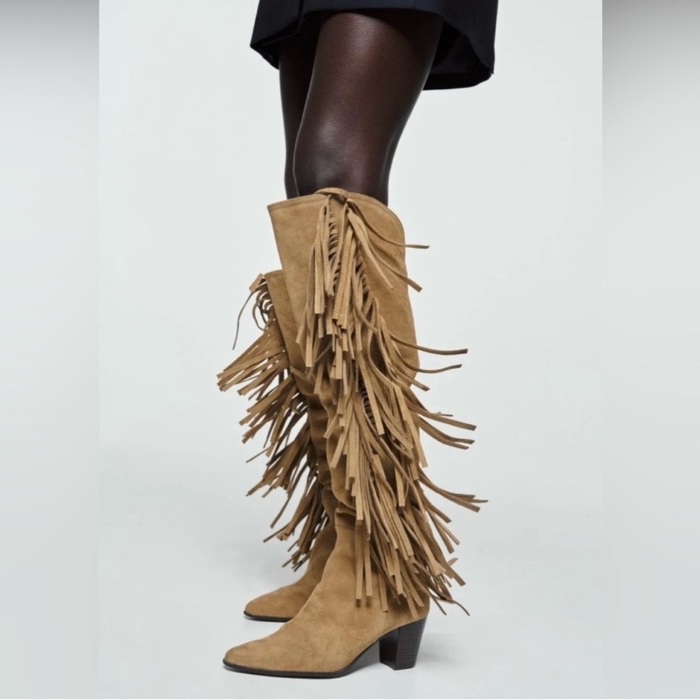 Zara Tan Fringe Heeled Boots